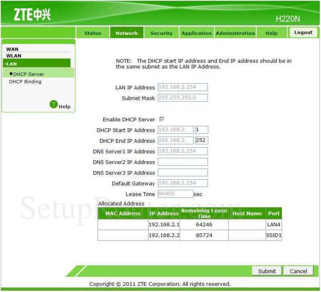 ZTE H220N Screenshot DHCP Server