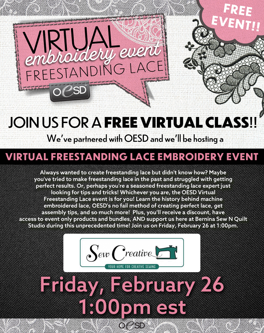 Virtual Freestanding Lace Embroidery Event Sew Creative Fairport