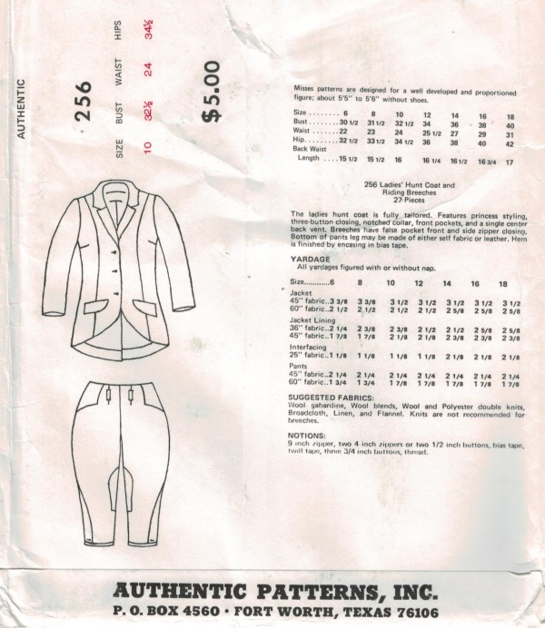 Authentic Patterns 256 Riding Hunt Coat and Breeches English Horse