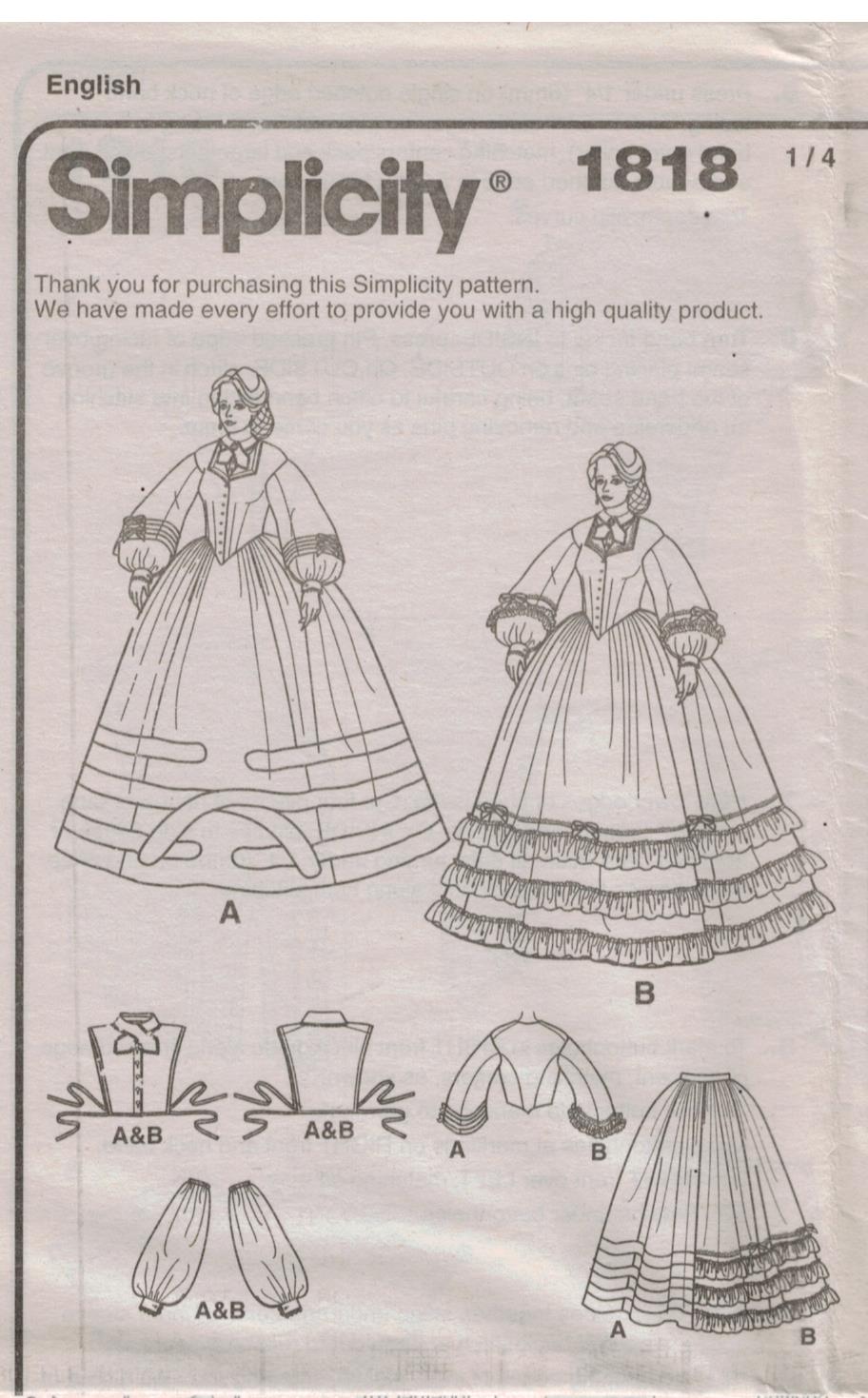 Simplicity Pattern 1818 Civil War Era ladies dress costume Misses sizes