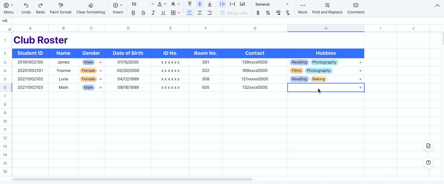 Use dropdown list in Sheets