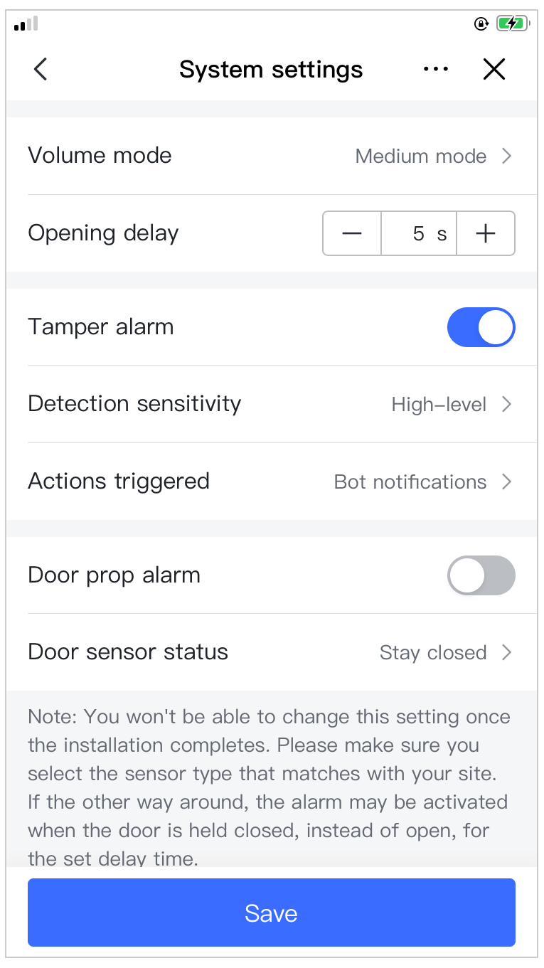 Set tamper and door prop alarms
