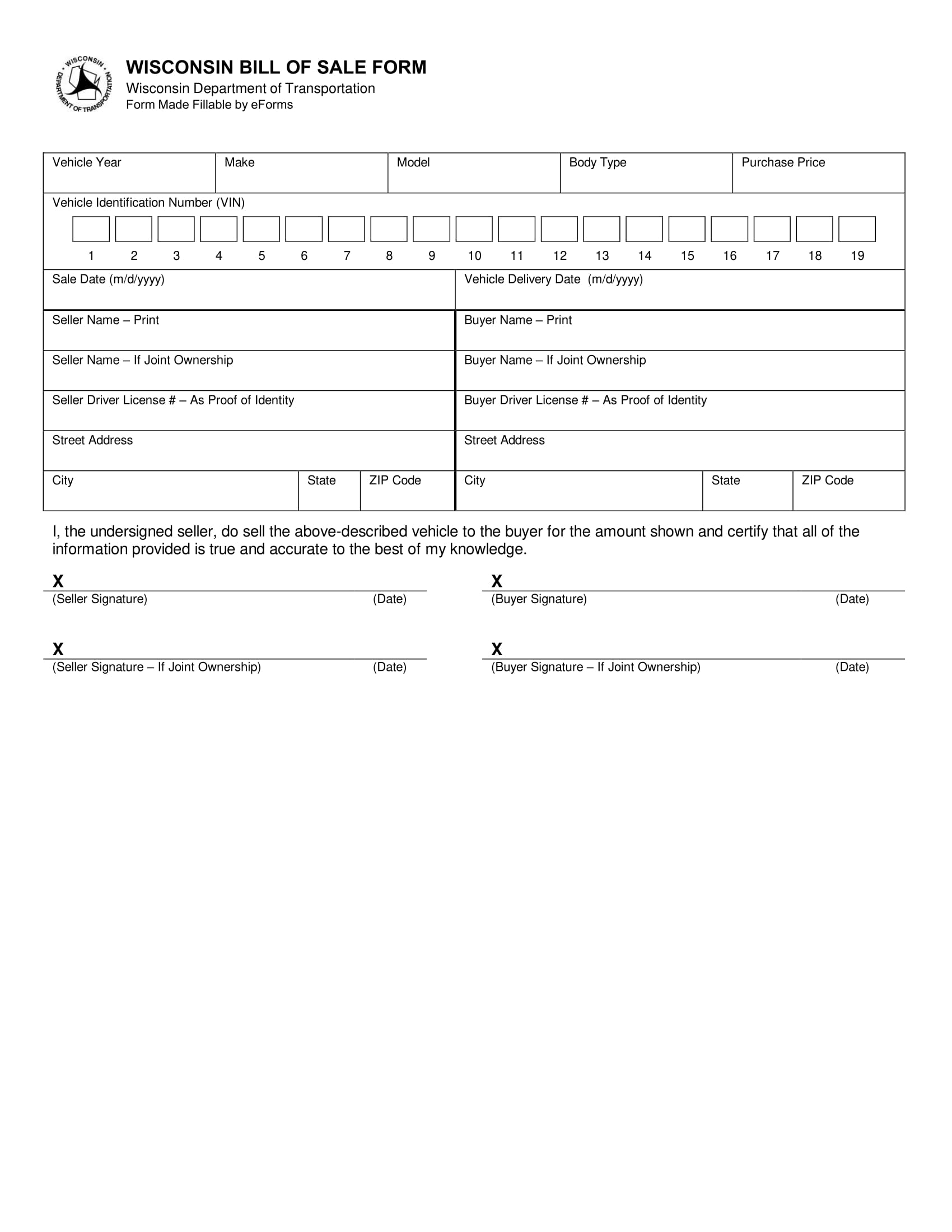 Free Official Wisconsin Bill Of Sale Vehicle Form (Printable Samples