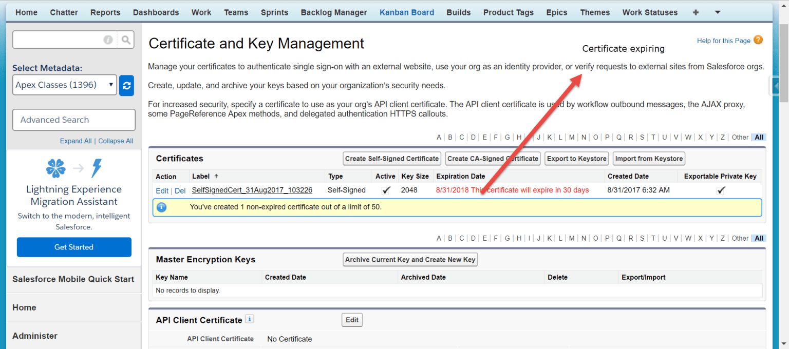 Dealing with self signing certificates expiring in Salesforce and how