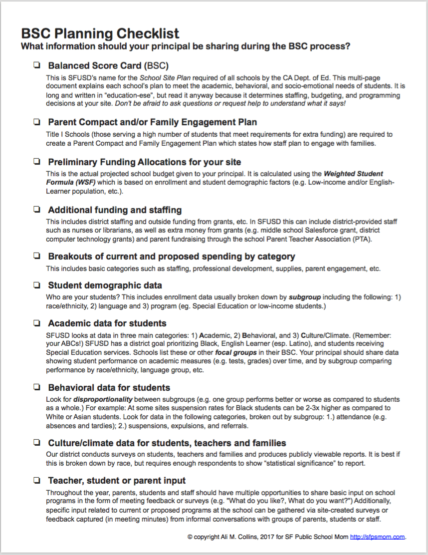 Checklist for Planning your School Site Plan (BSC) SFPS Mom