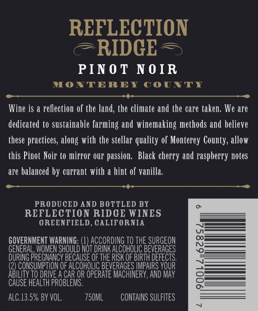 Reflection Ridge NV Pinot Noir Back Label SFW Media