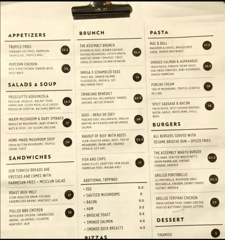 The Assembly Ground Singapore Menu Prices 2024