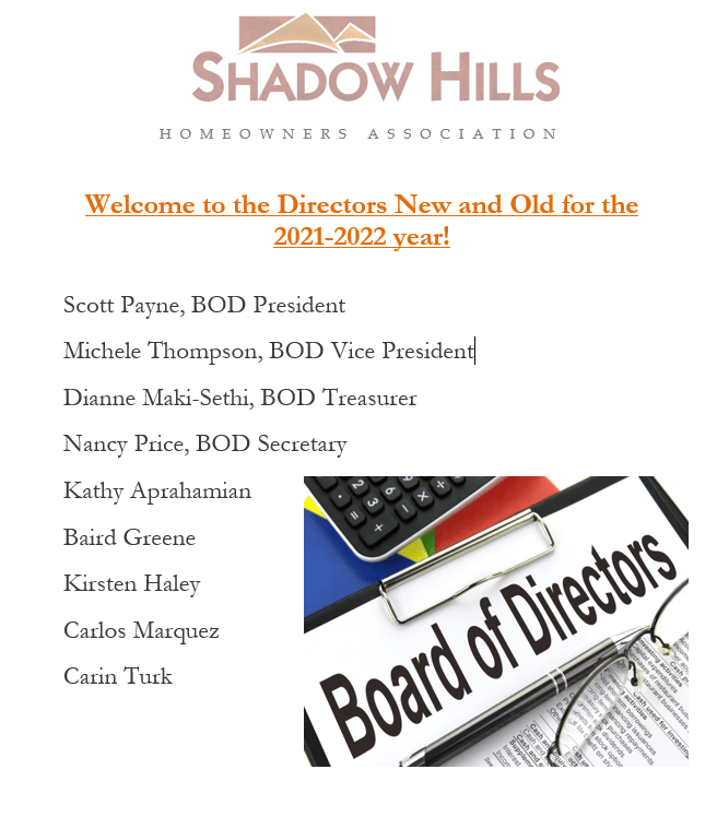 20212022 Directors Shadow Hills Homeowners Association