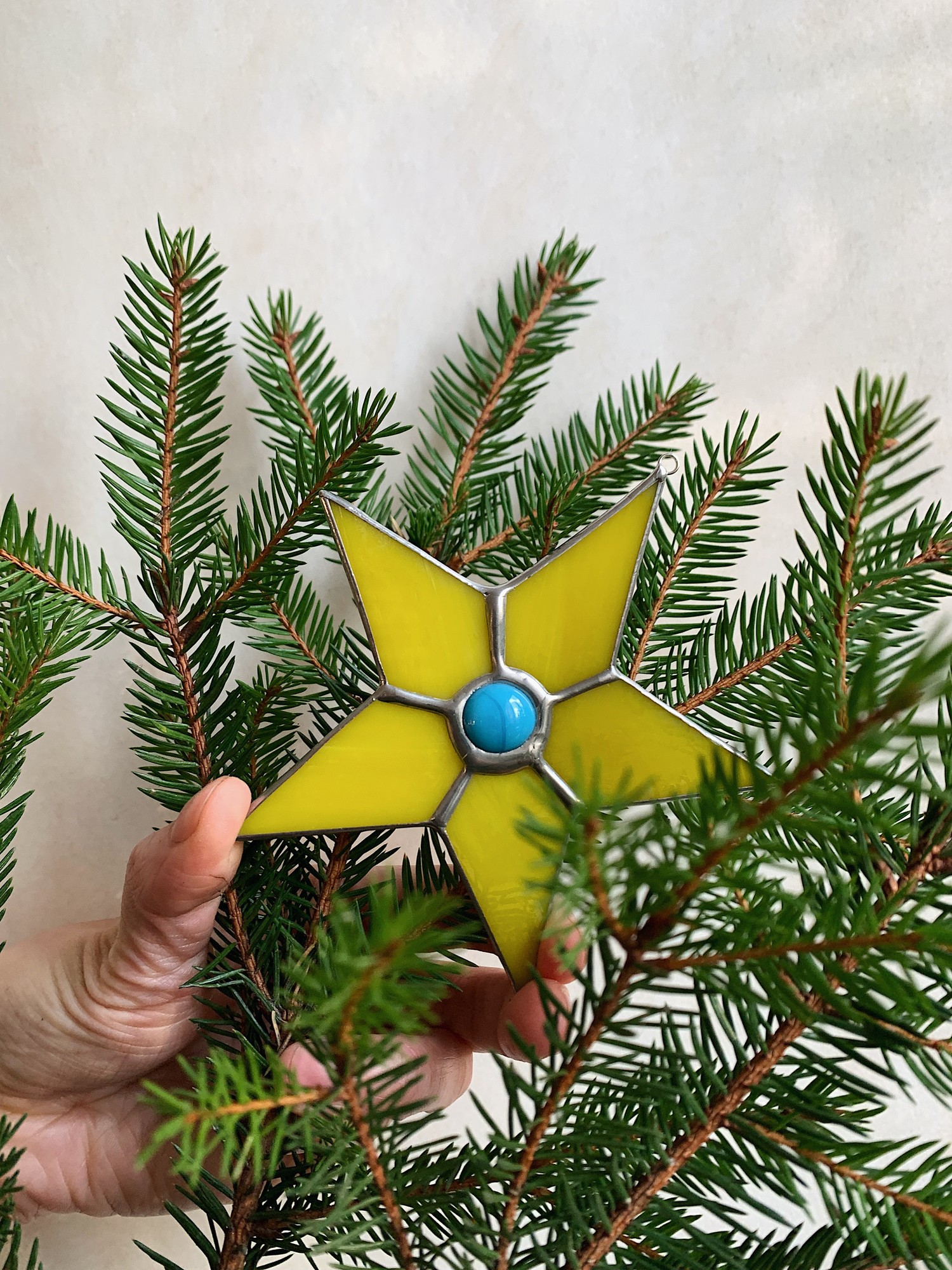 Yellow stained glass star, suncatcher, christmas decor, gift tree