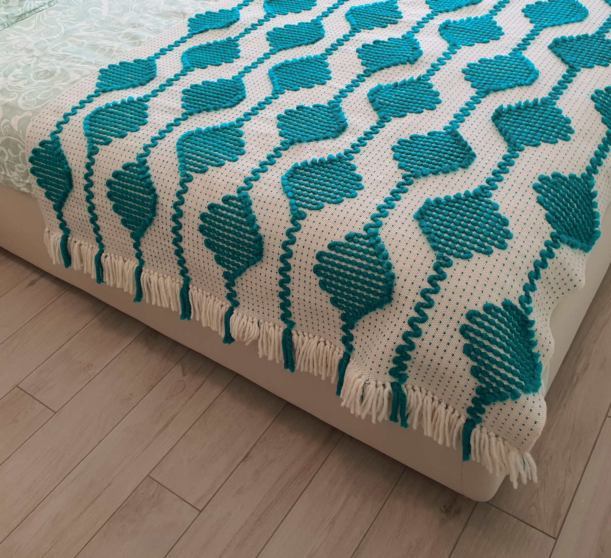 Woven wool bedspread, turquoise bed runner, sofa blanket, handmade