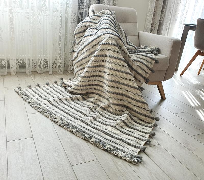 Woven wool throw blanket striped white gray, coverlet, handmade 2952
