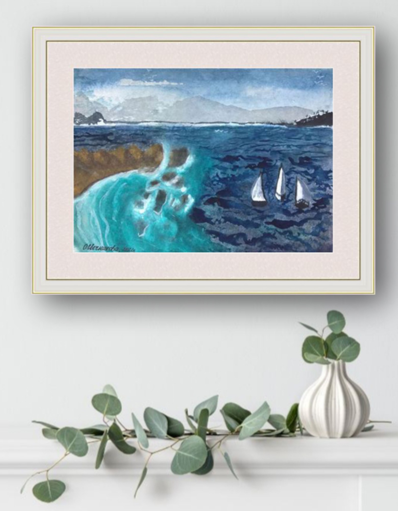 Watercolor painting with sailboats on the sea waves. original