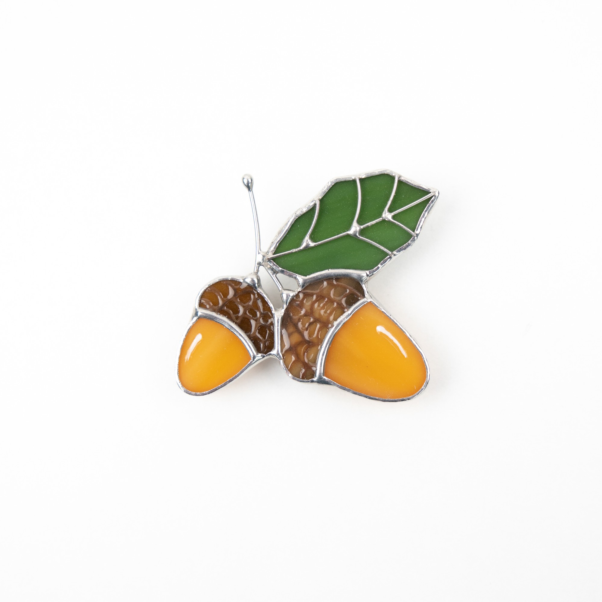 Acorns stained glass pin 24184 from GlassArtStories with donate to u24