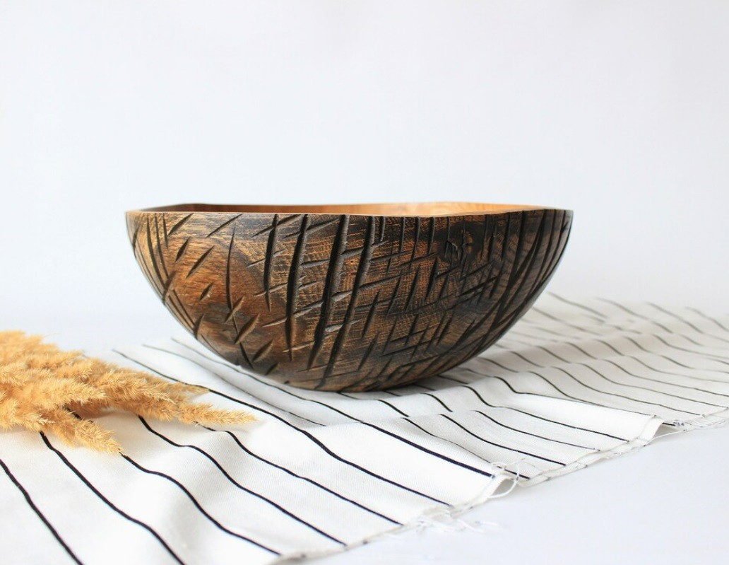 Large salad bowl, handmade rustic wood dinnerware, black popcorn bowl