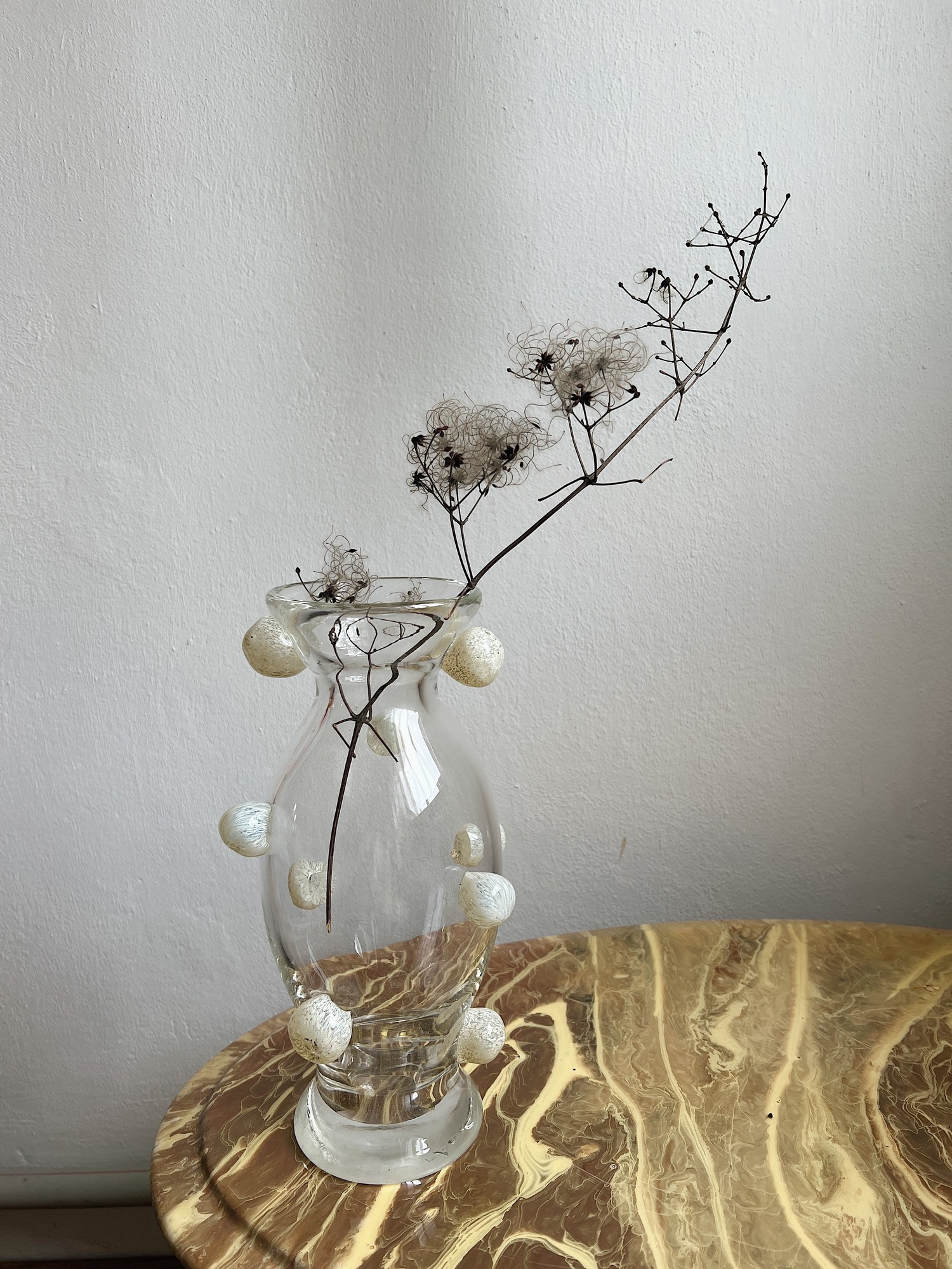 Hand blown glass vase modern vintage transparent, milk dots 28216