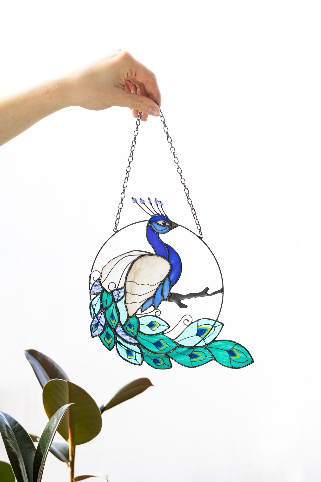 Peacock suncatcher peafowl stained glass window wall hanging 33803