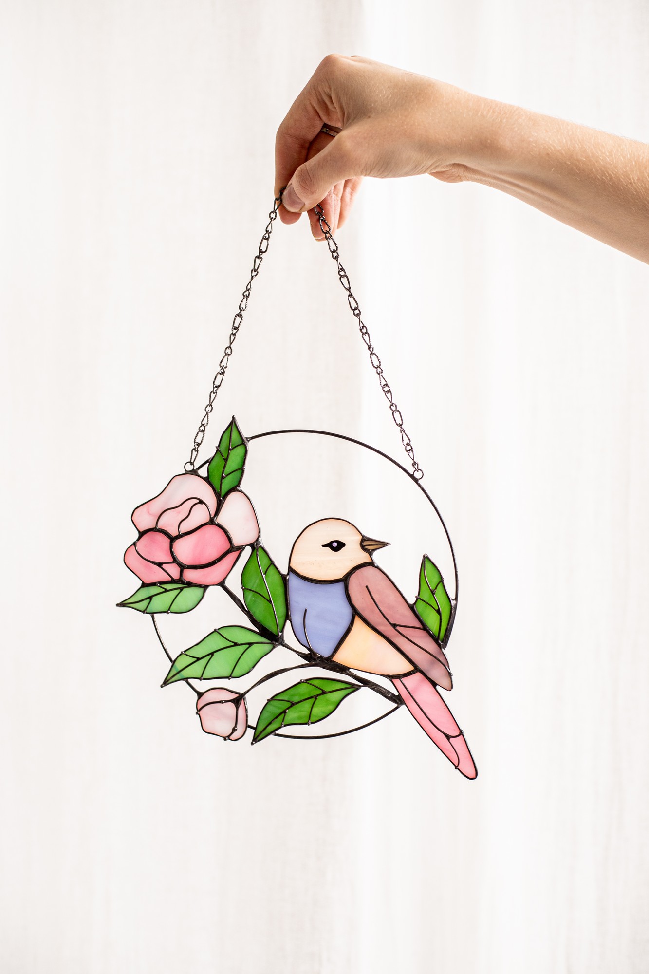 Suncatcher bird with flowers pink stained glass window wall hanging