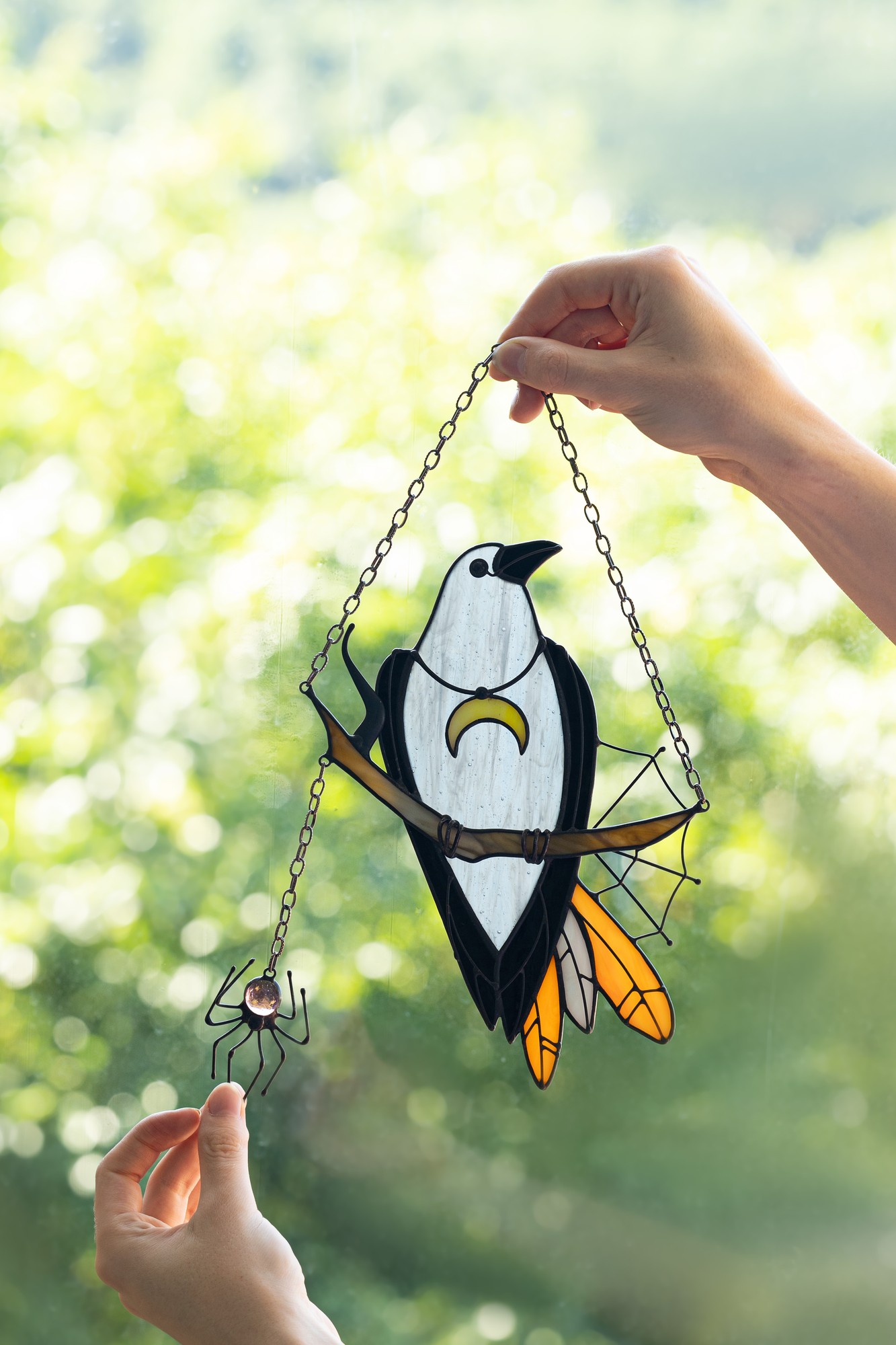 Raven crow suncatcher stained glass window wall hanging halloween