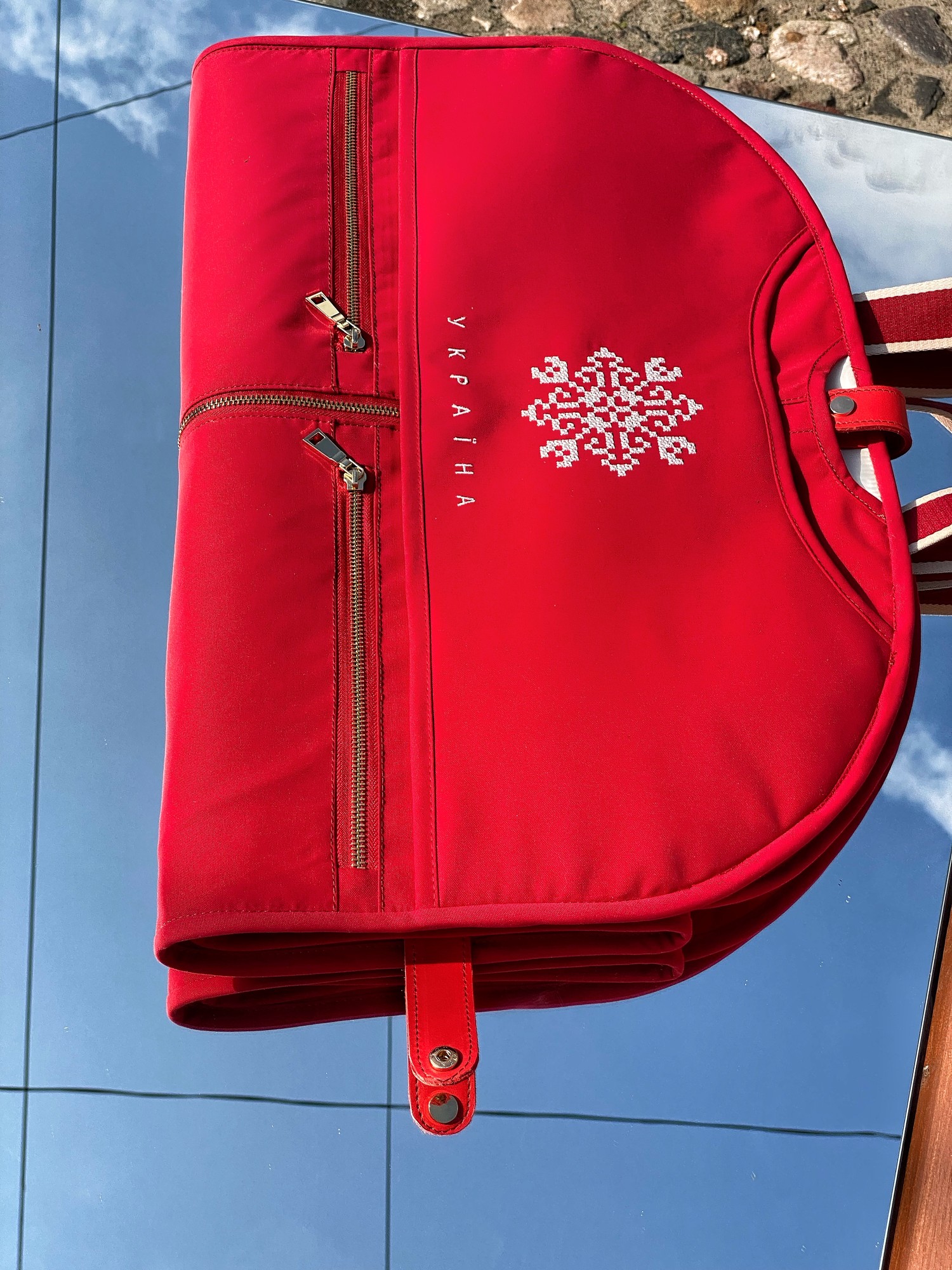 Leather garment bag cover for clothing red with ornament "ukraine