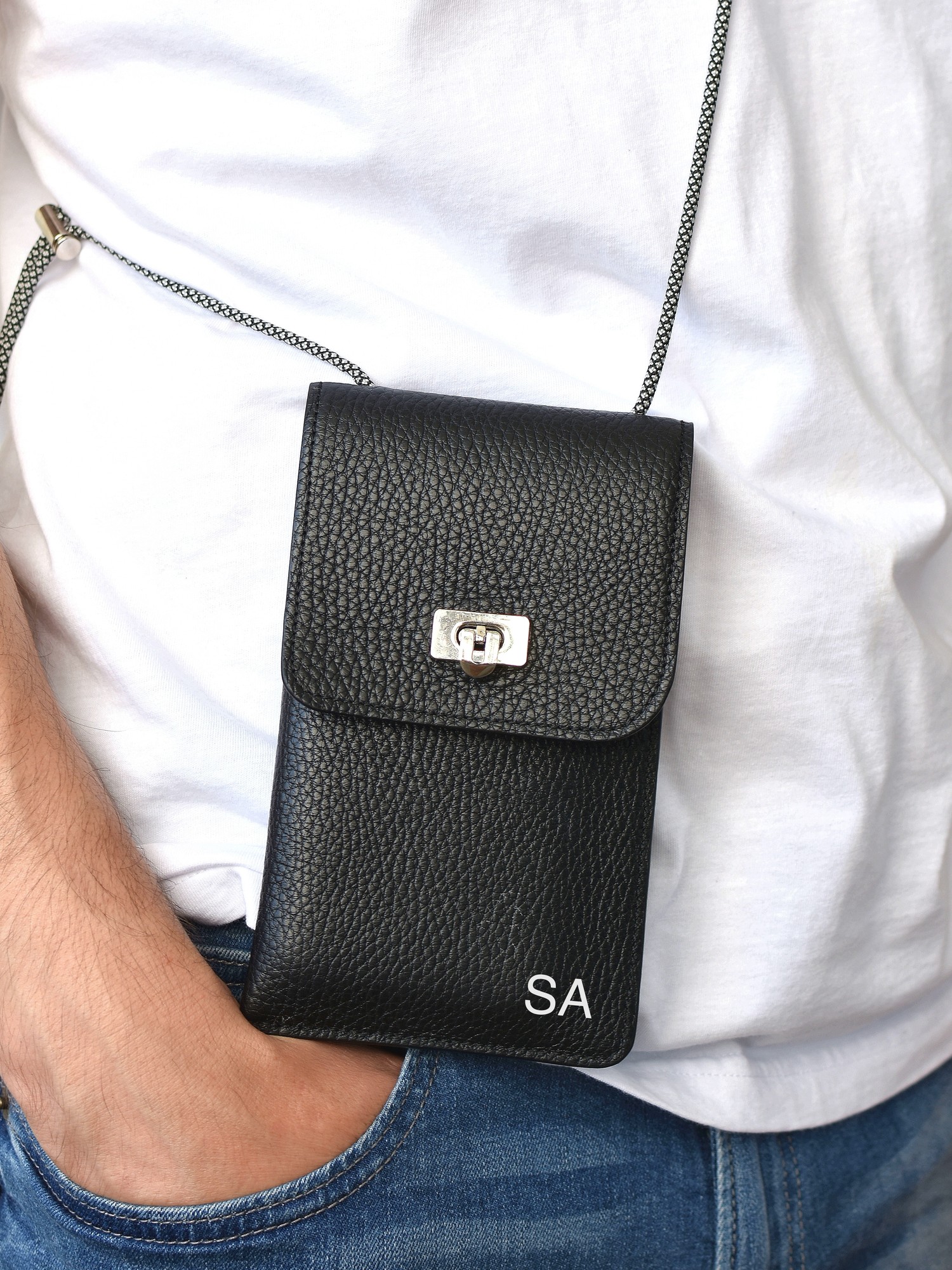 Personalized leather crossbody phone bag mia black colour with