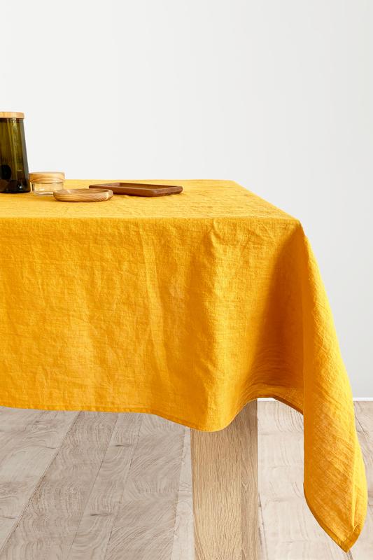 Mustard yellow linen tablecloth wedding square 6269 from Touchable Linen with donate to u24