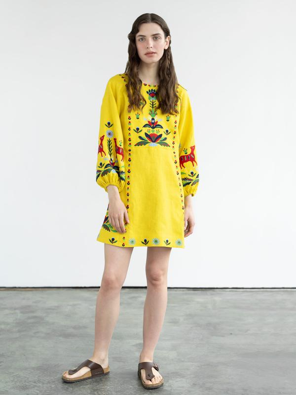 Yellow linen dress with embroidery prykhodko yellow 11772 from