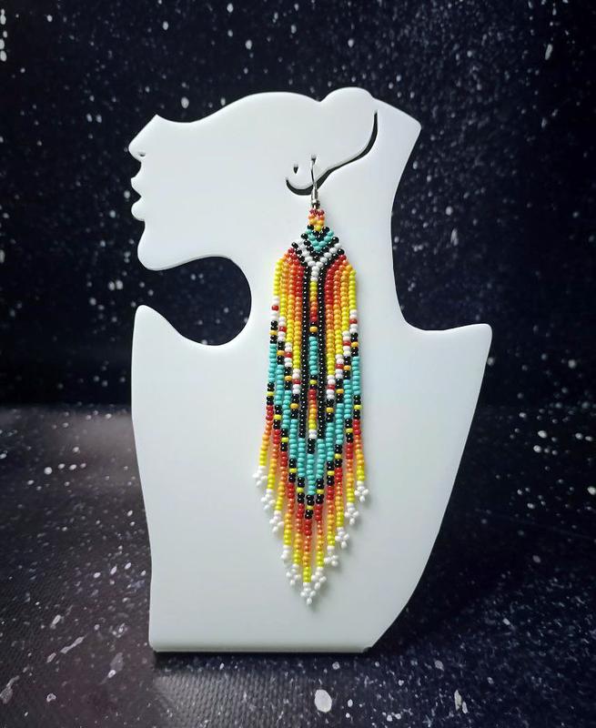 Sun and sky beaded fringe earrings • vibrant beaded earrings handmade
