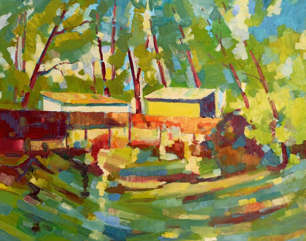 Abstract oil painting house in the forest peter tovpev ndobr48 18458