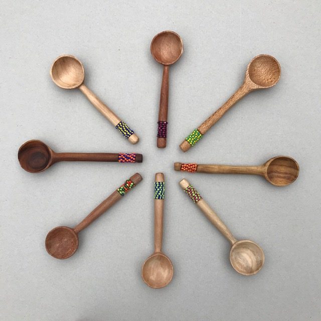 Wooden spoon scoop handcrafted with beaded decoration long