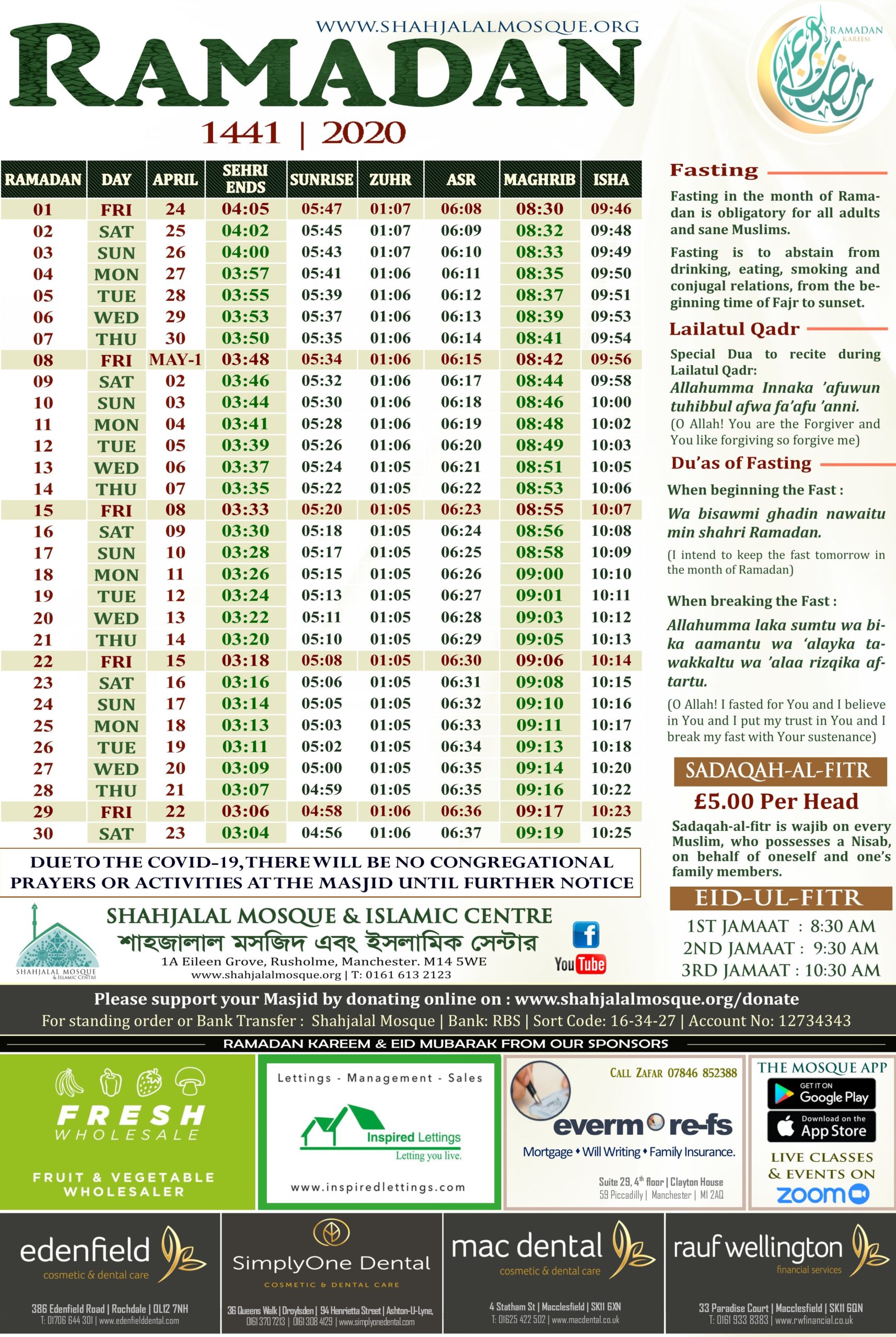 RAMADAN TIMETABLE 1441/2020 Shahjalal Mosque & Islamic Centre