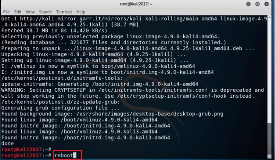 Kali Linux terminal Reboot command screenshot