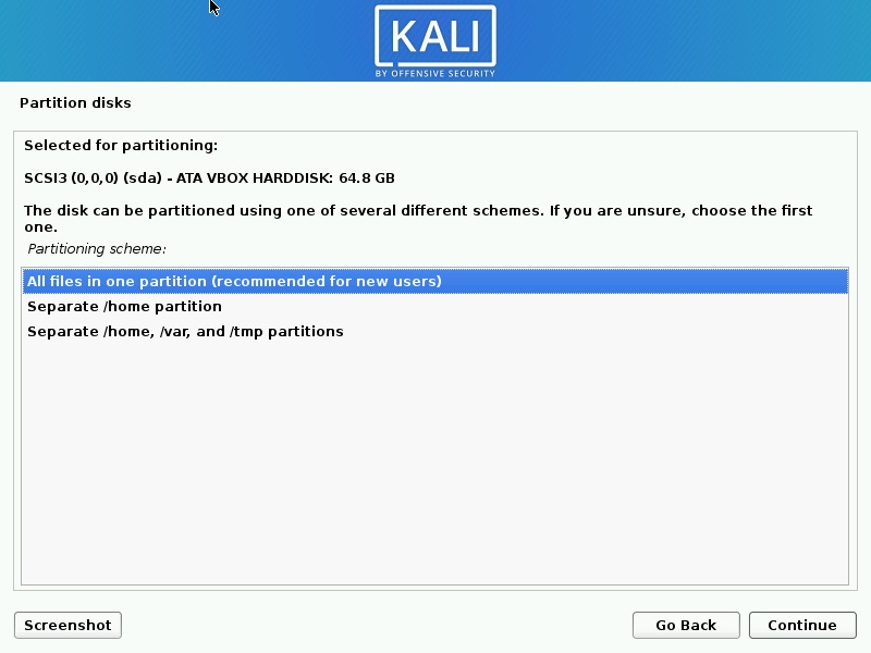 Install Kali Linux Disk Partitioning Scheme Screenshot
