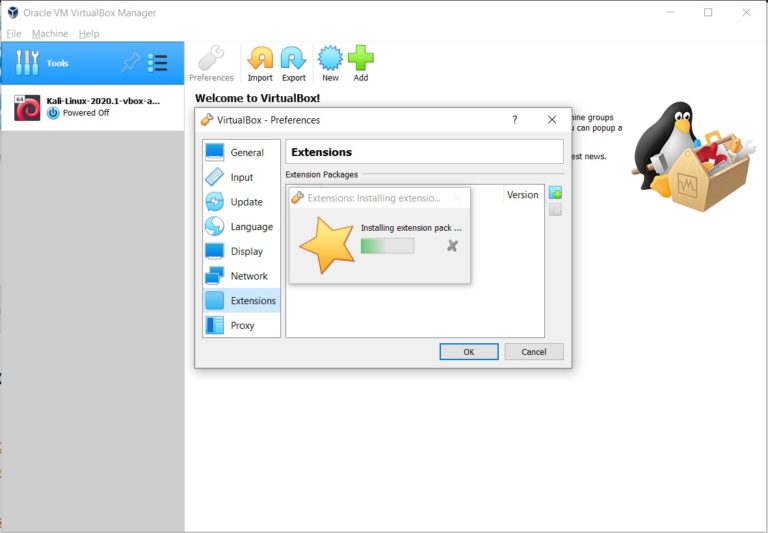 VirtualBox Extension Pack installation in progress