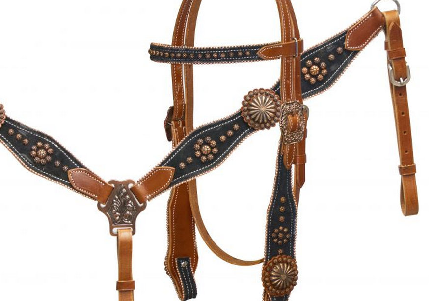 black suede overlay headstall and breast collar set with copper conchos