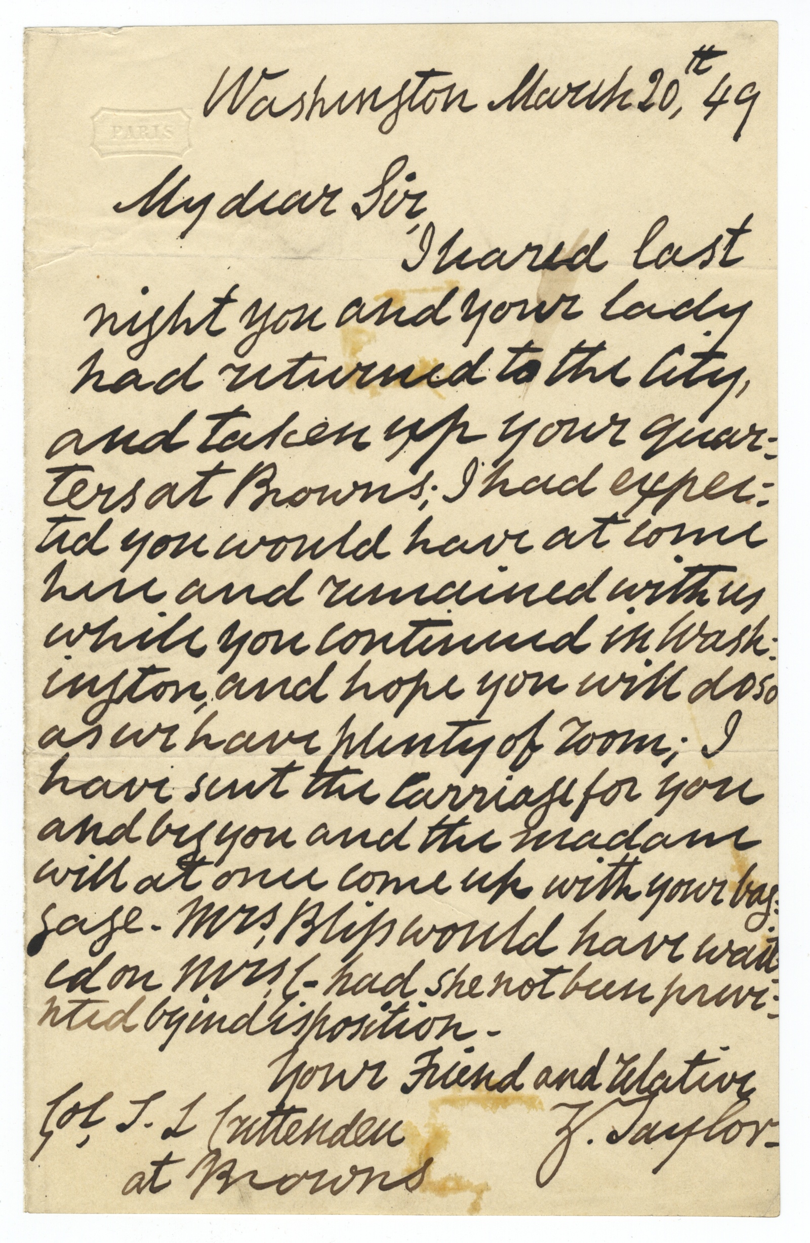 Letter of Ill, Soon to Die President William Henry Harrison Suffering