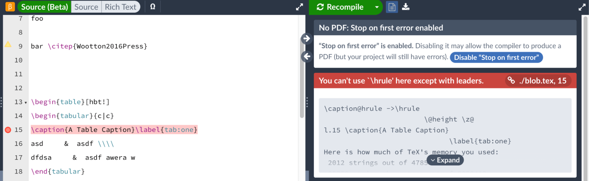 Using the Stop on First Error compilation mode Overleaf, Online LaTeX