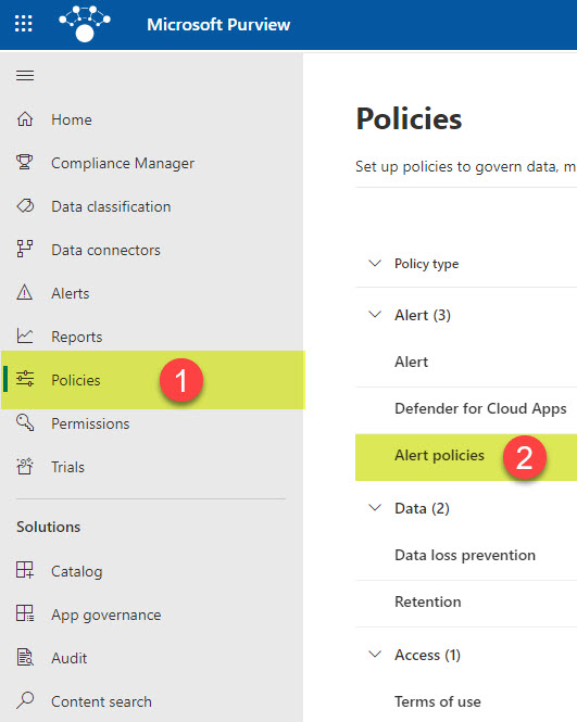 How to enable Alert Policies to monitor for unusual activities in