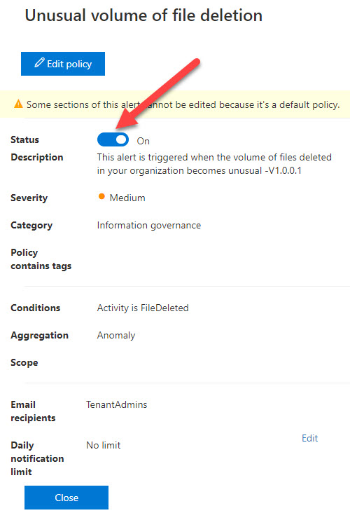 How to enable Alert Policies to monitor for unusual activities in
