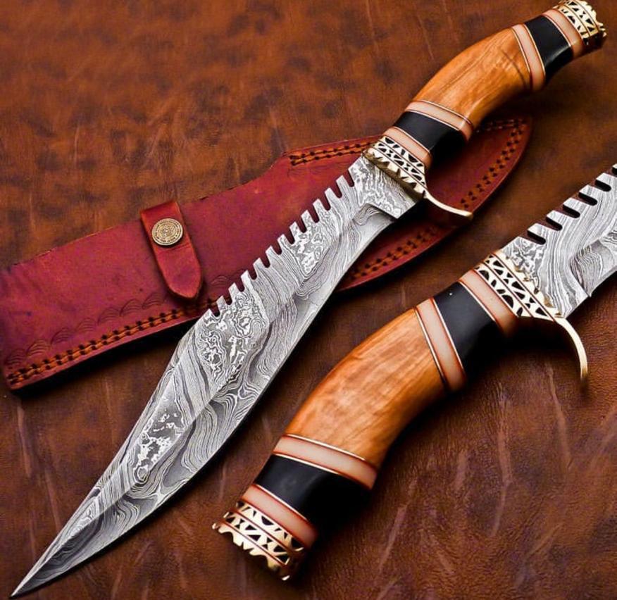 Custom Handmade Damascus Steel Bowie Knife Olive Wood Handle and Brass