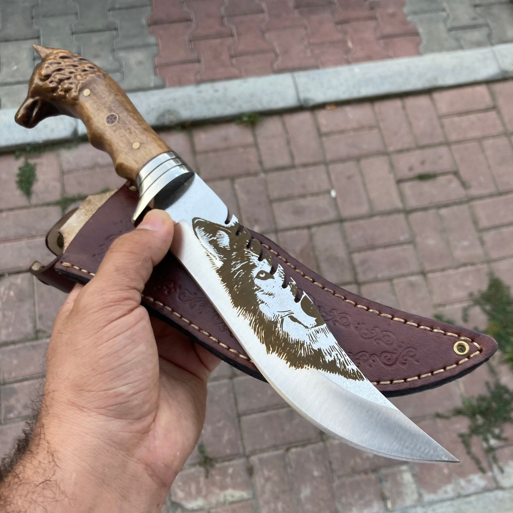 Wolf Head Camping Knife Custom Handmade Handcrafted Hunting Knife With