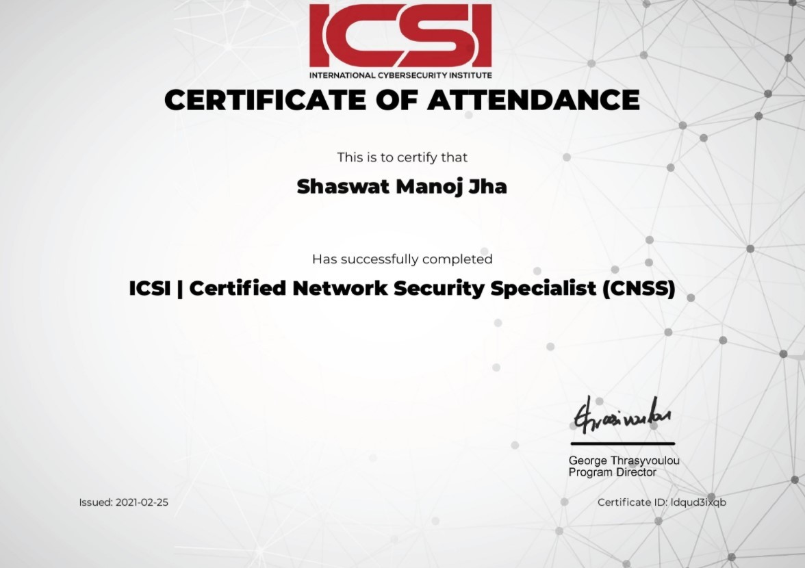ICSI CNSS Certified Network Security Specialist. Shaswat.