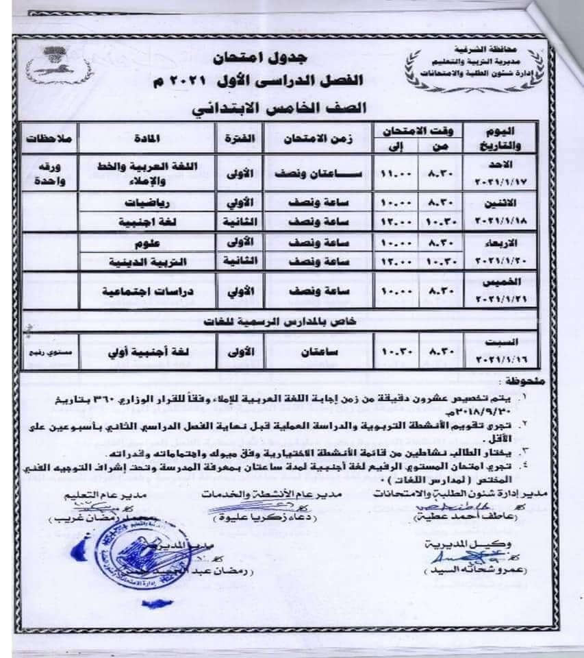 جدول امتحانات الصف الخامس الابتدائي 2020/ 2021 الترم الأول