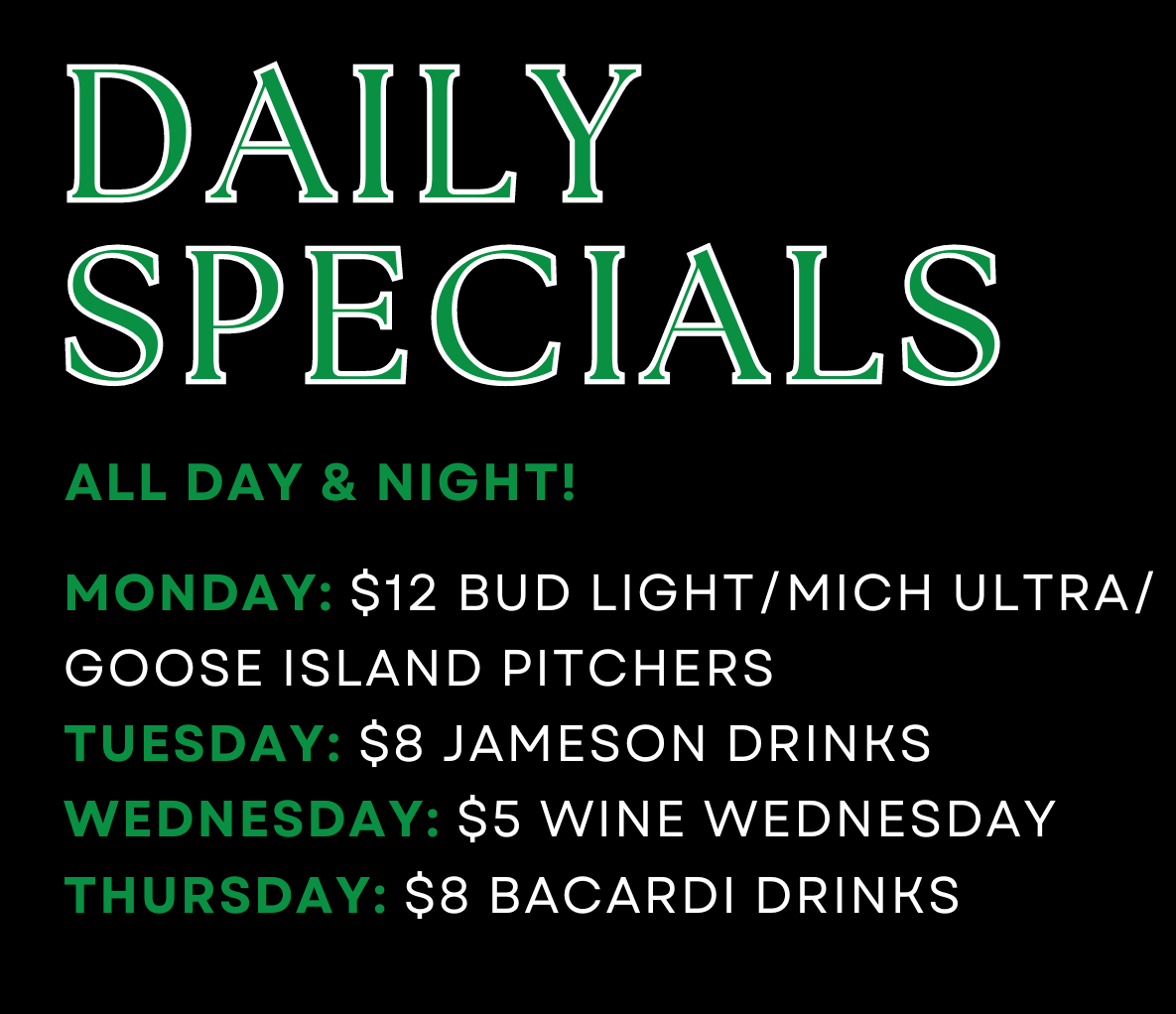 DAILY SPECIALS Shenannigans Chicago