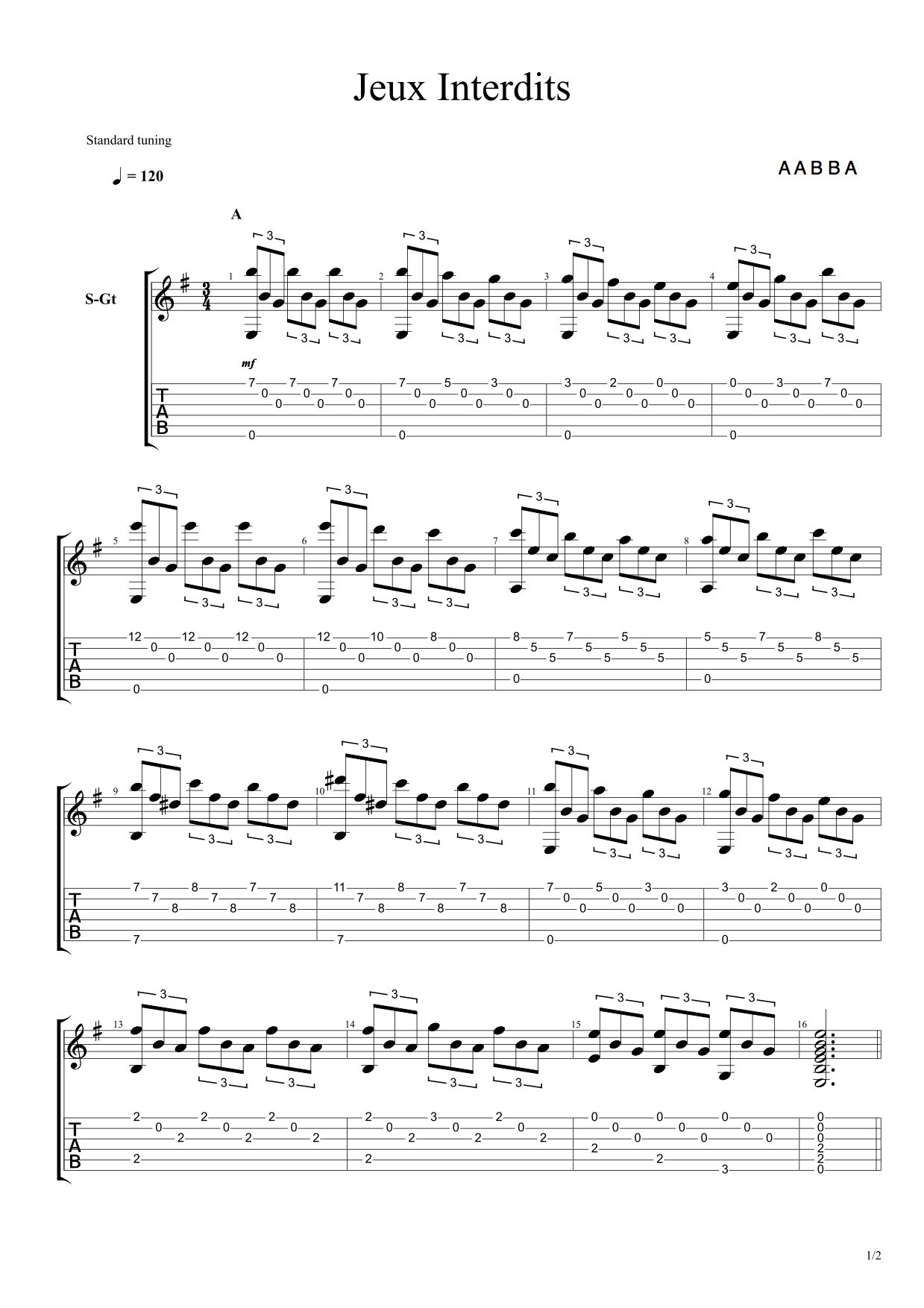 [GUITARE] Jeux Interdits sheet music Sheethost