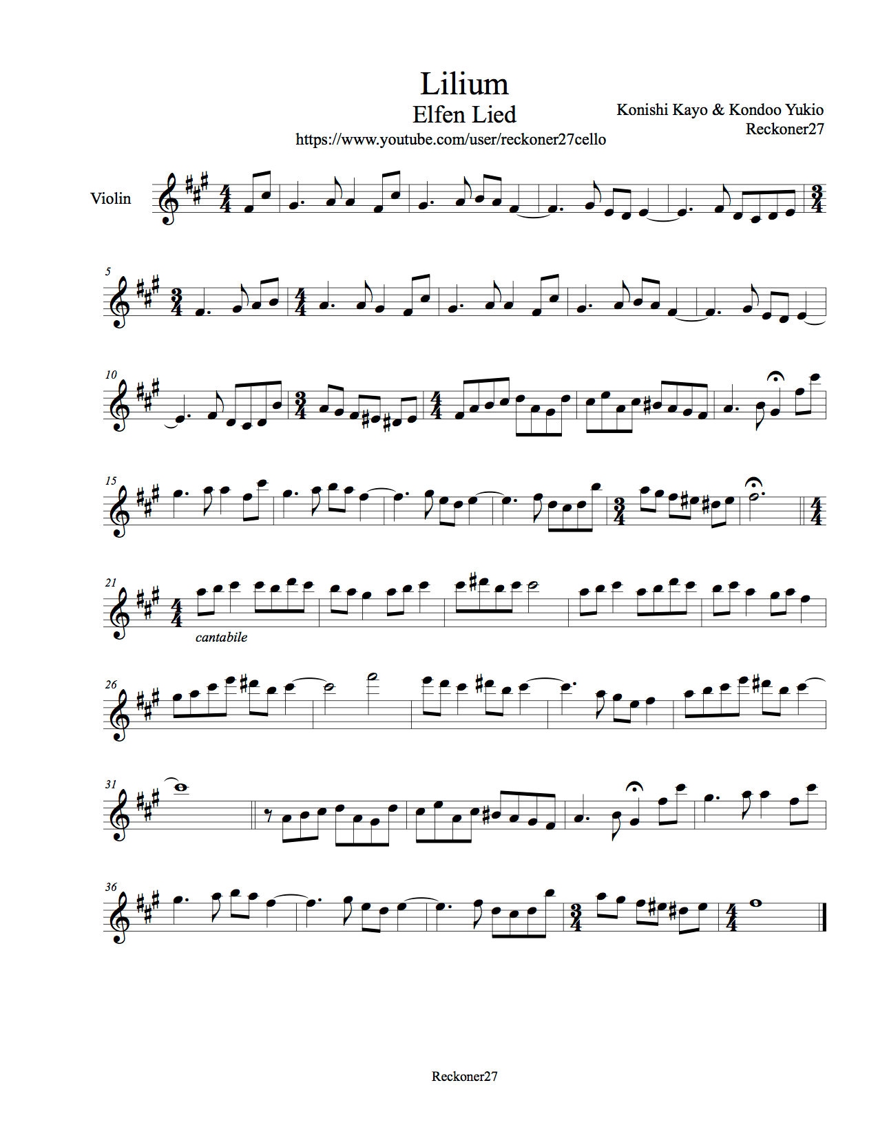 Lilium Violin Elfen Lied sheet music Sheethost