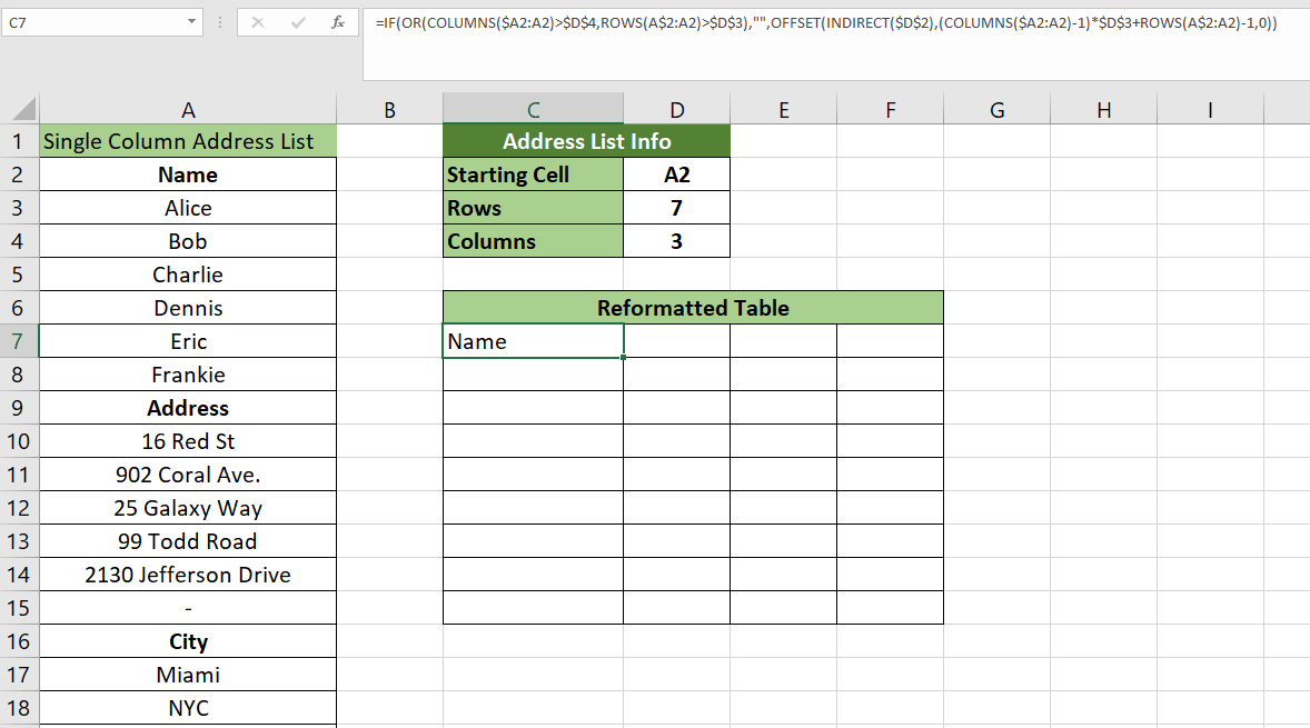 How to Transpose an Address List from Rows to Columns in Excel