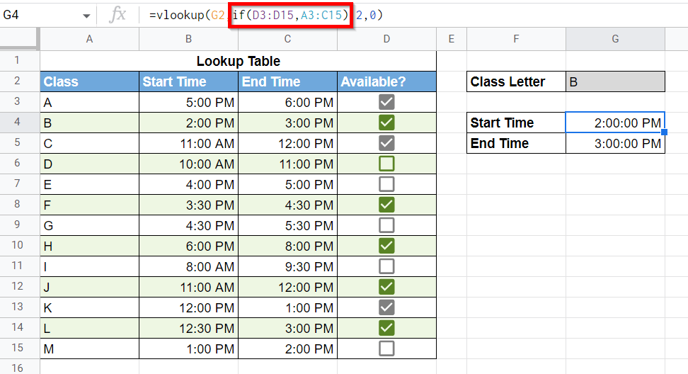 Using VLOOKUP in Checked Rows in Google Sheets Sheetaki