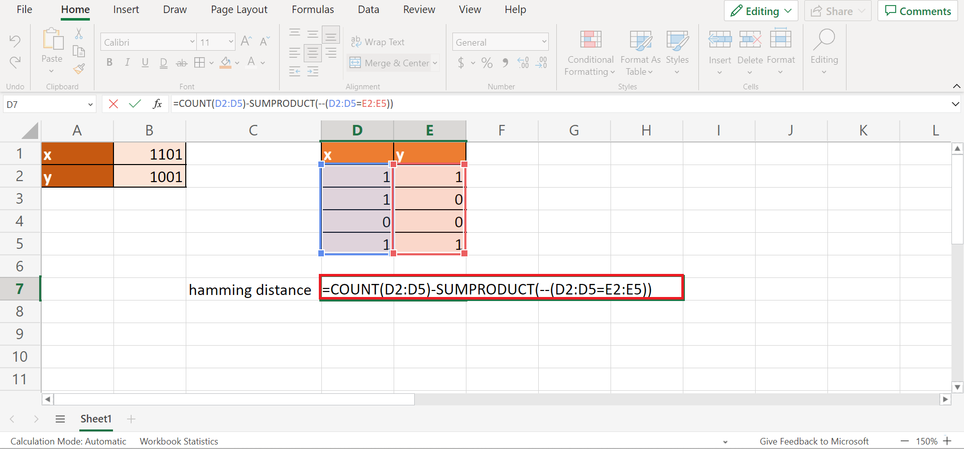 How to Calculate Hamming Distance in Excel Sheetaki