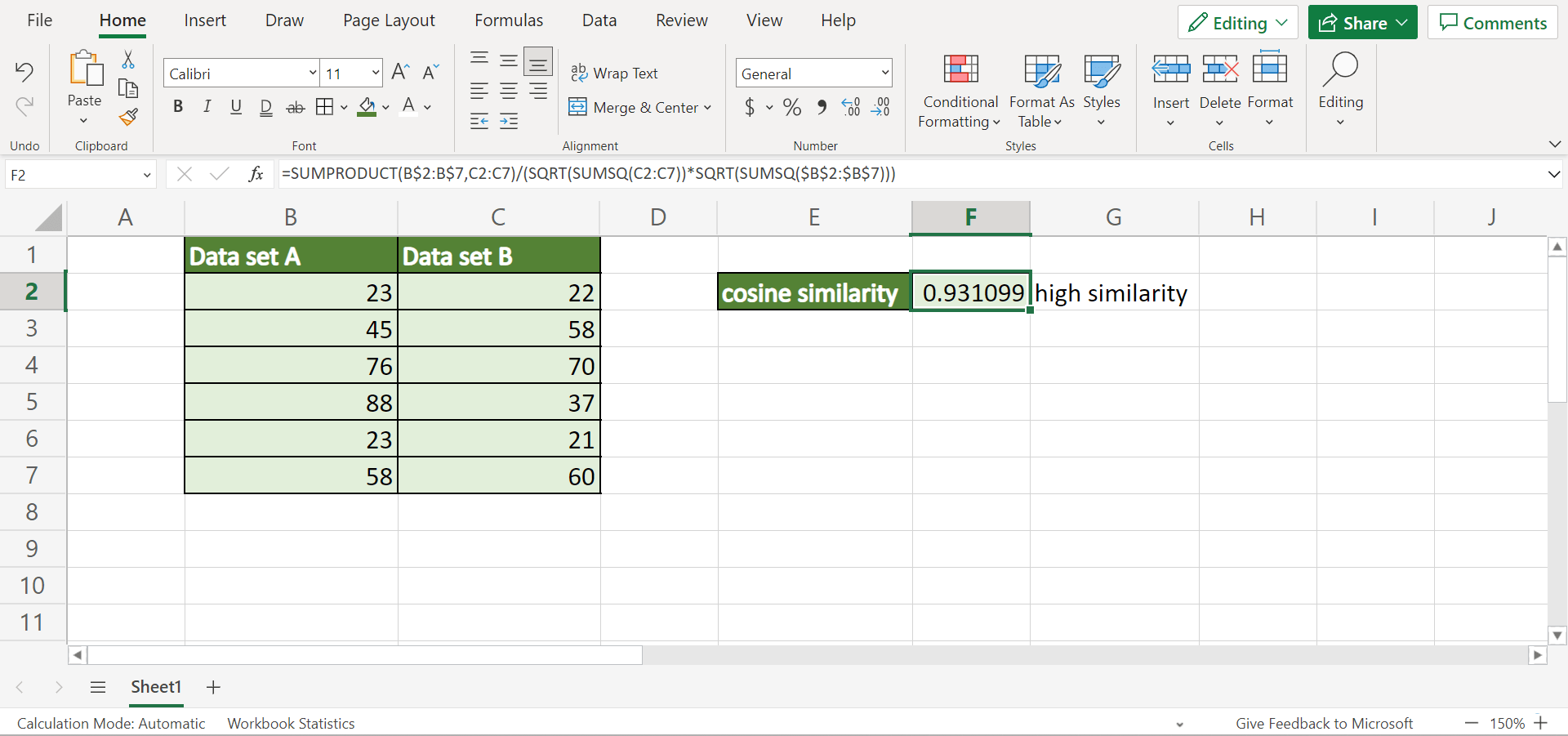 How to Calculate Cosine Similarity in Excel Sheetaki