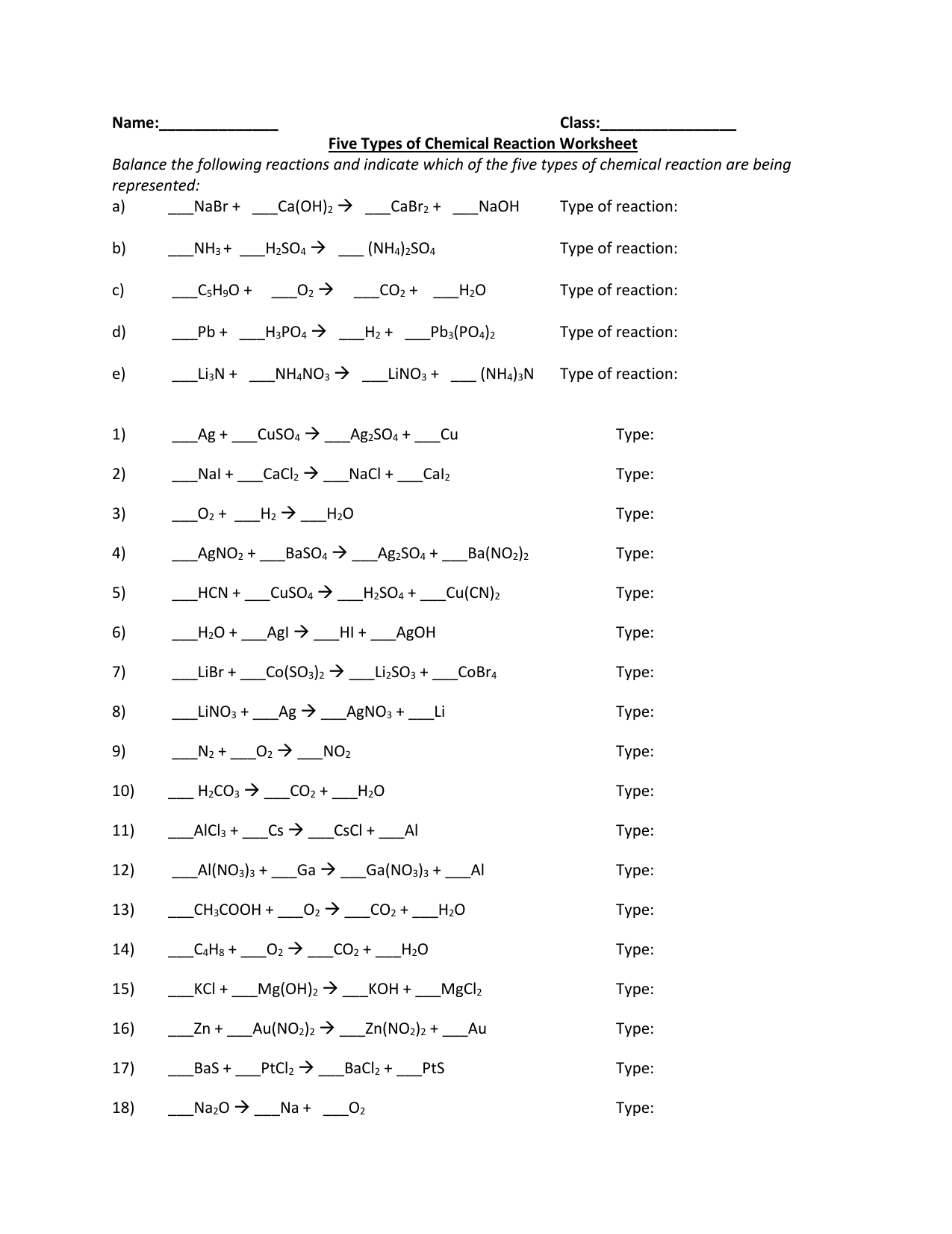 Reaction Types Worksheet With Answers Sheetifyedu Printable(07)